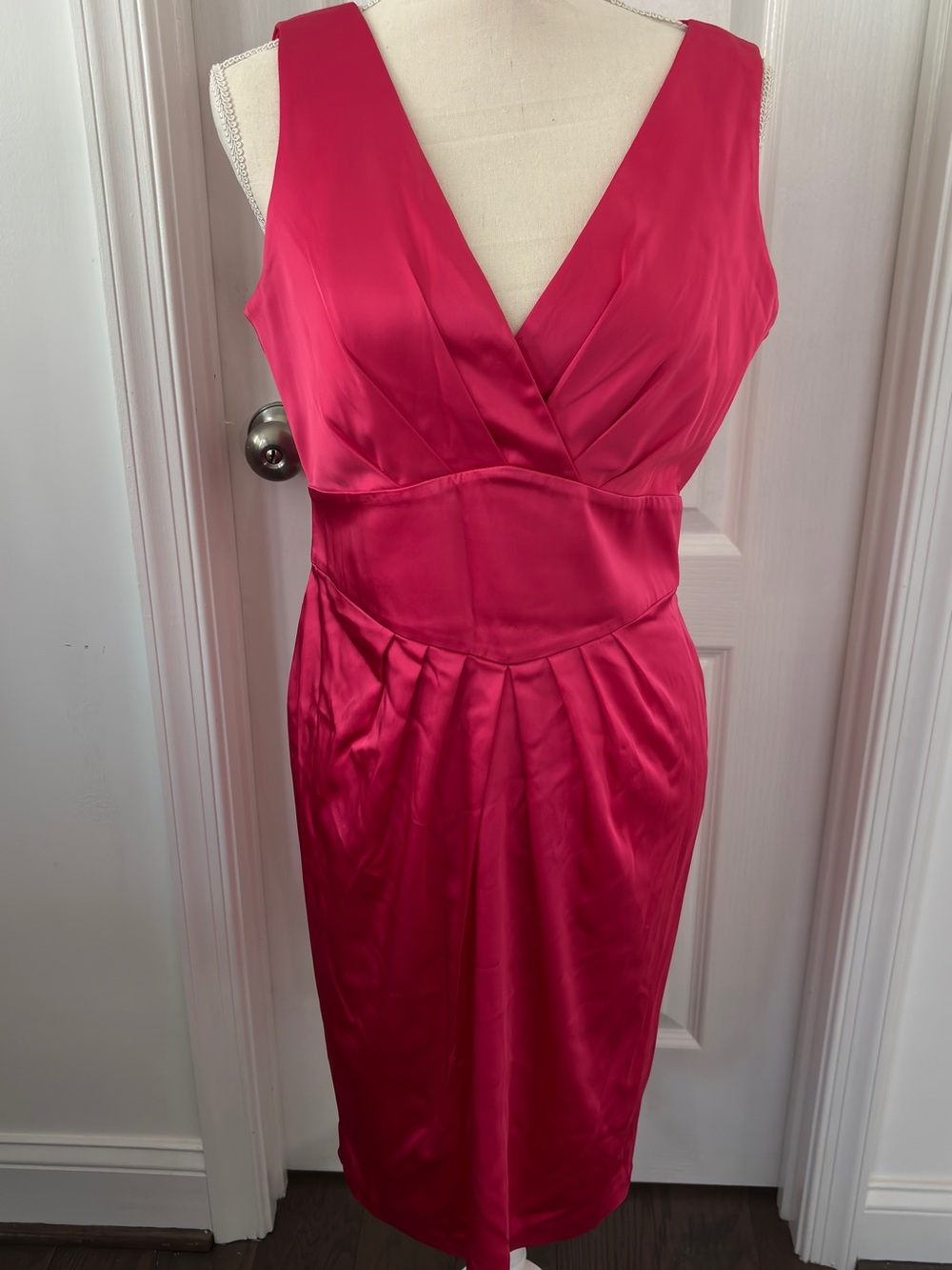 Calvin Klein Sleeveless V-Neck Satin Midi Dress in Hot Pink